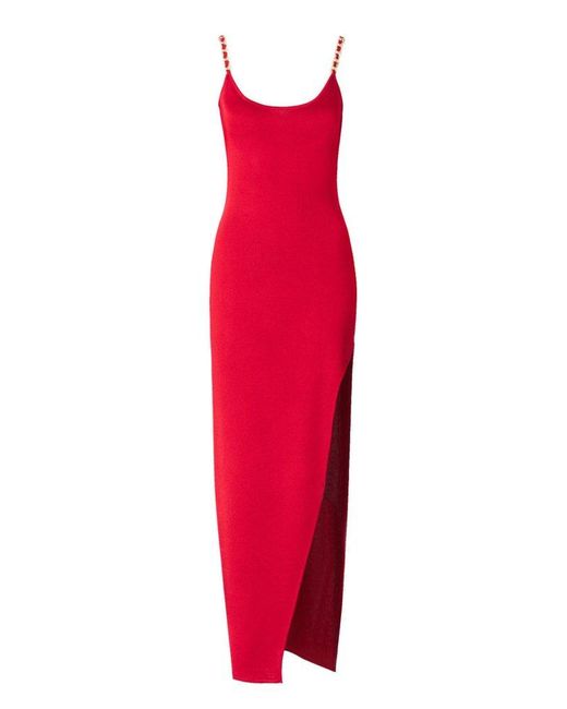 Balmain Red Side Slit Spaghetti Strap Maxi Dress