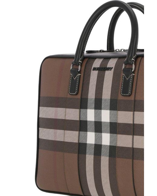 Burberry Brown Logo Plaque Checked Zipped Briefcase for men