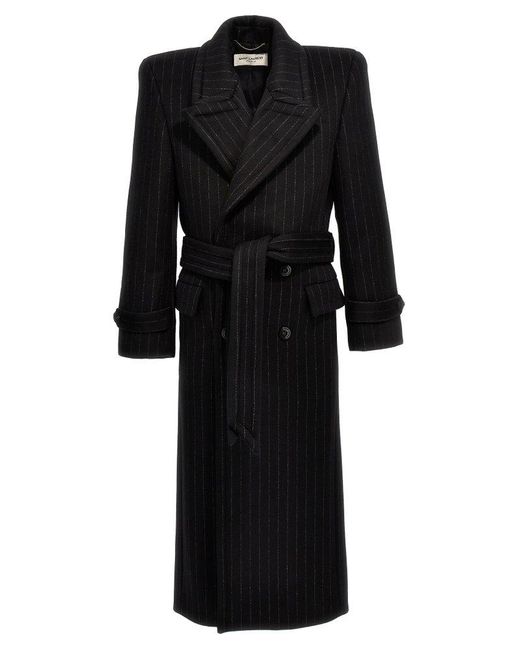 Saint Laurent Black Double-breasted Pinstriped Coat for men