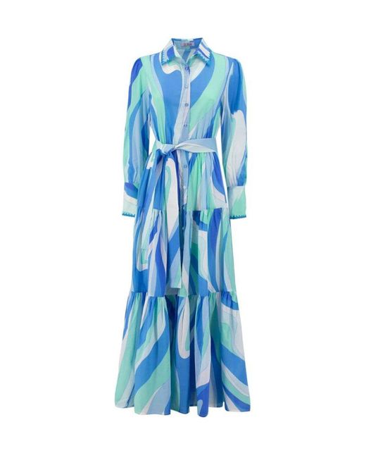 Mc2 Saint Barth Blue Wave Printed Belted Waist Long Dress