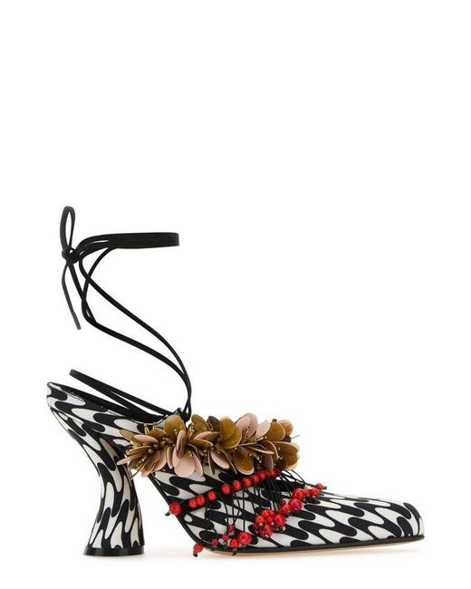 Dries Van Noten White Graphic Printed Embellished Ankle Strap Sandals
