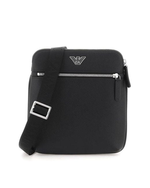 Emporio Armani Black Regenerated-leather Shoulder Bag With Eagle Pate for men