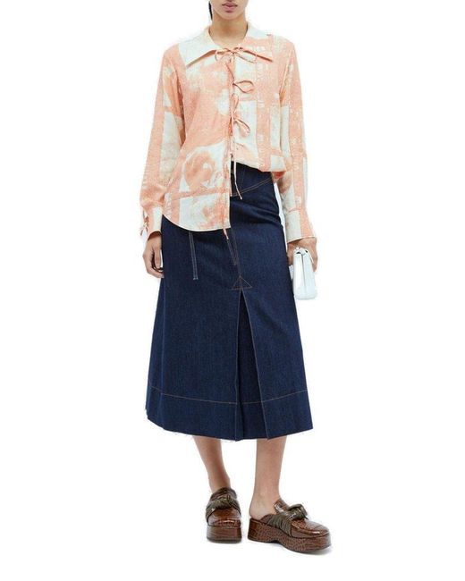 Rejina Pyo Blue Boon Bow-detailed Denim Midi Skirt