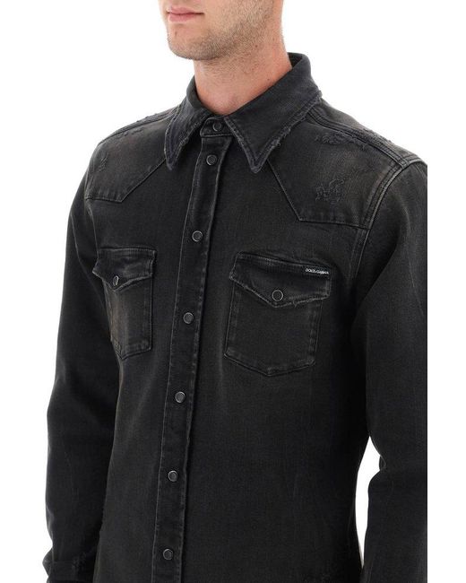 Dolce & Gabbana Black Distressed Denim Western Shirt for men