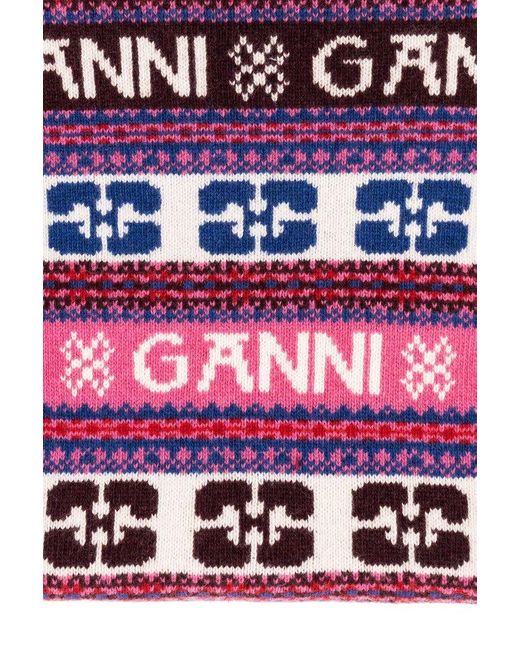 Ganni Red Patterned Scarf With Logo