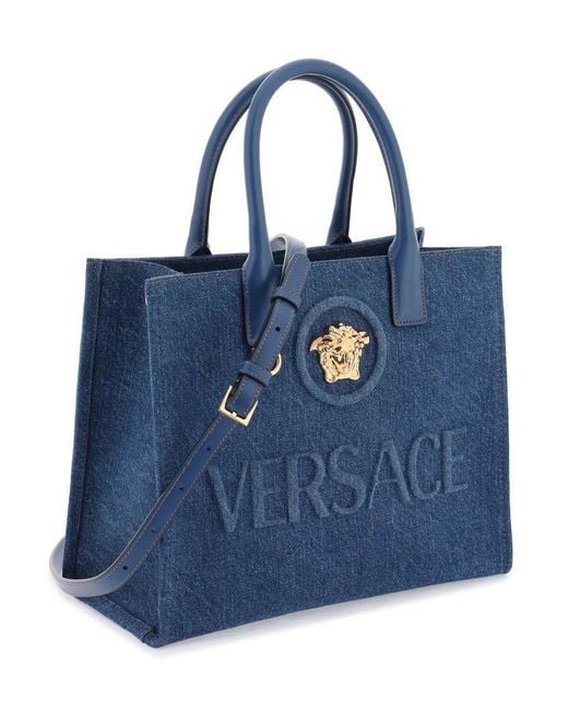 Versace Blue La Medusa Logo Embossed Tote Bag