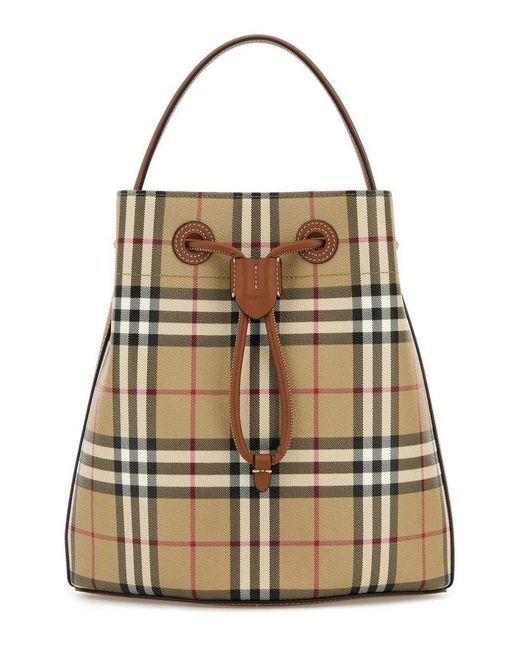 Burberry Checked Drawstring Bucket Bag in Natural | Lyst