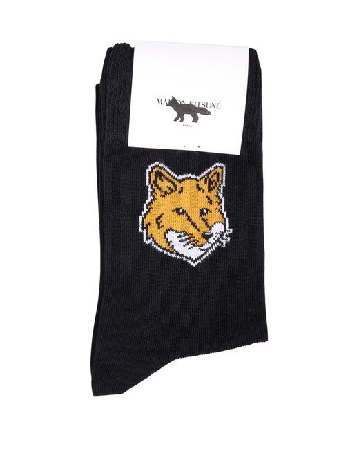 Maison Kitsuné Black Chillax Fox-motif Stretched Socks for men