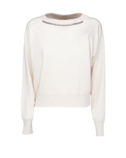 Brunello Cucinelli White Smile Monile Embellished Jumper