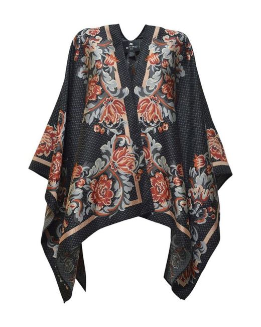 Etro Black Floral Printed V-Neck Poncho