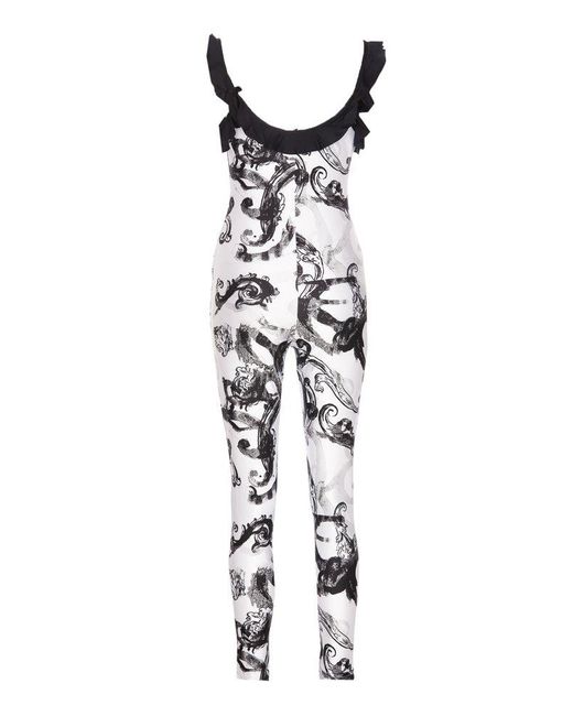 Versace Black Baroccoflage Printed Cut-out Ruffled Jumpsuit