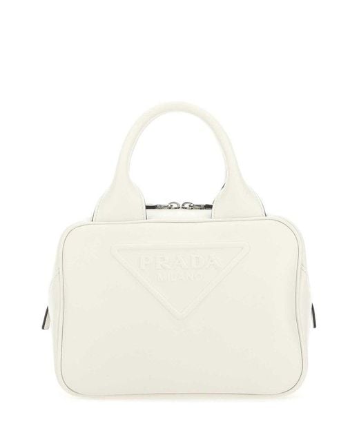 Prada White Logo-embossed Top Handle Bag