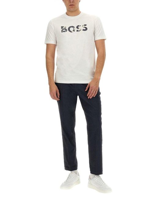Boss White Logo Printed Crewneck T-Shirt for men