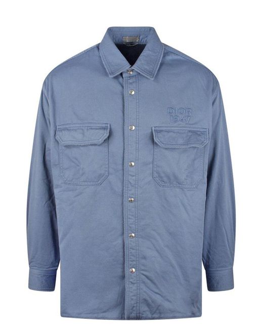 Dior Blue Homme 1947 Logo Embroidered Long-sleeved Overshirt for men