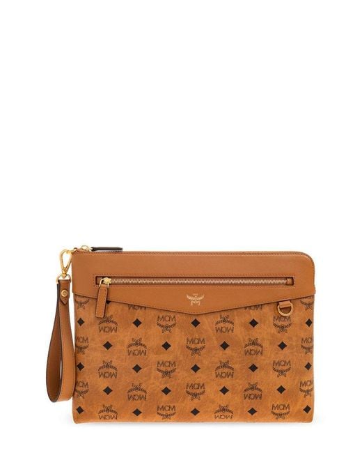 MCM Brown Diamond Wristlet Medium Pouch Bag