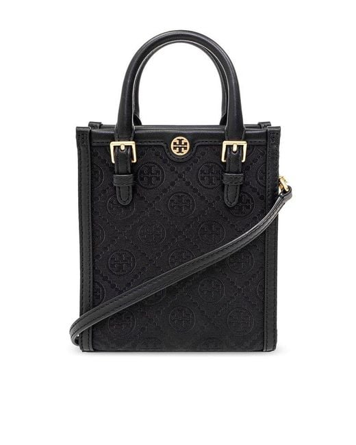 Tory Burch Black Monogram-embellished Cotton-blend Tote Bag