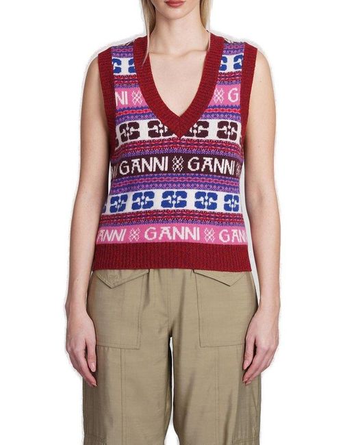 Ganni Red Fair Isle-intarsia-knit V-neck Vest