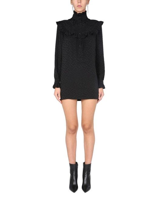 Saint Laurent Black High Neck Long-sleeved Mini Dress