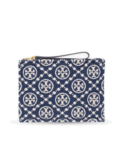 Tory Burch Blue All-over Logo Embroidered Zipped Clutch Bag