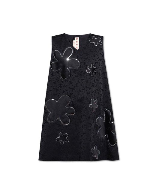 Marni Black Flower Embellished Sleeveless Dress