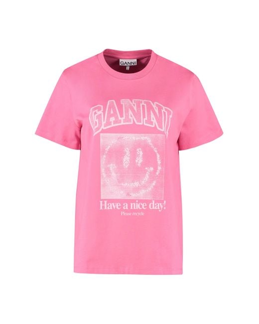 Ganni Pink Smiley Cotton T-shirt