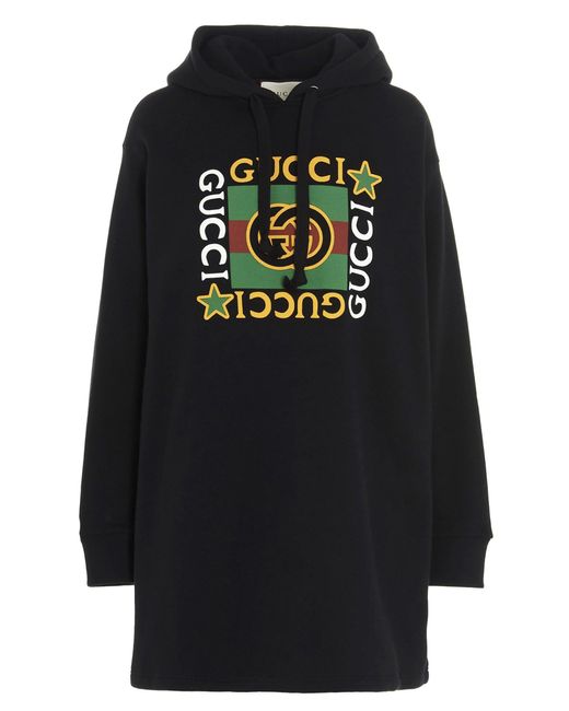 Gucci Black Hooded Dress With Logo Star Print