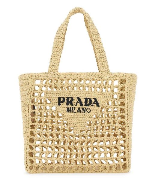 Prada Metallic Logo Embellished Raffia Tote Bag