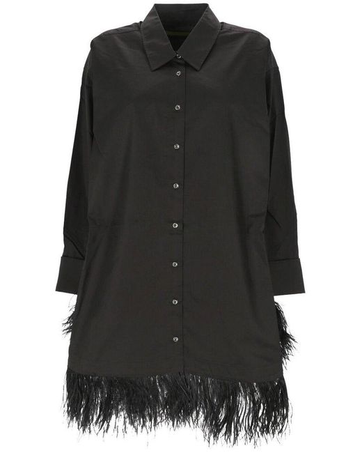 Marques'Almeida Black Feather Embellished Curved Hem Shirt Dress