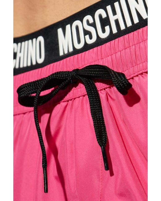 Moschino Pink Logo Waistband Drawstring Swim Shorts for men