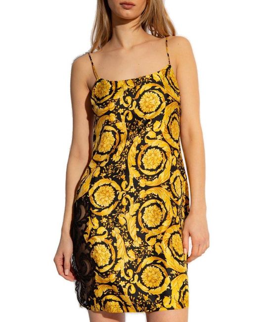 Versace Yellow Barocco-printed Lace-trim Nightdress