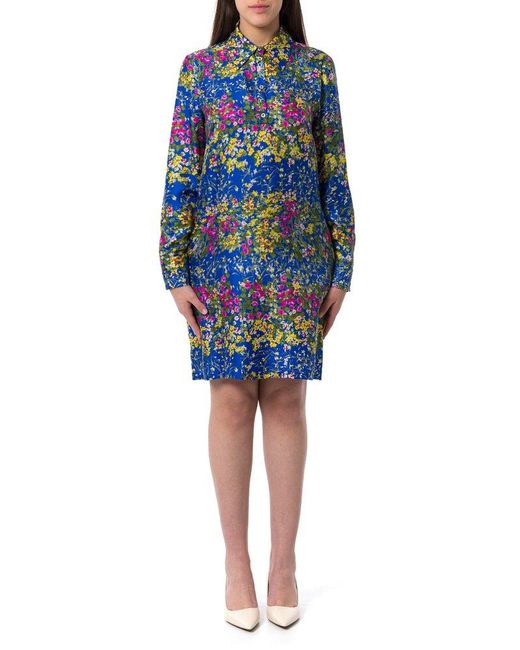 Max Mara Studio Blue Floral Patterned Long-sleeved Dress