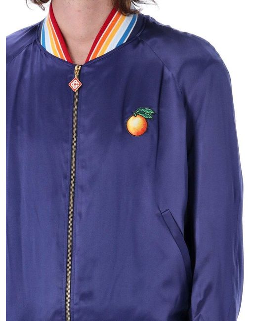 Casablancabrand Blue Logo Embroidered Zipped Satin Jacket for men