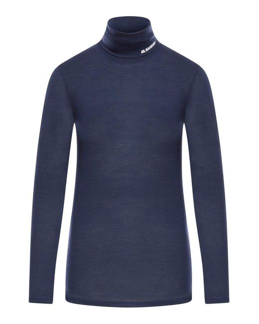 Jil Sander Blue High Neck Long Sleeve T-shirt With Printed Logo On Neck