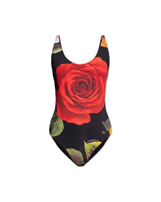 Dolce & Gabbana Red Floral Print One Piece Swimsuit
