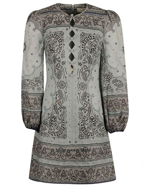 Zimmermann Gray Bandana-Printed Long-Sleeved Mini Dress