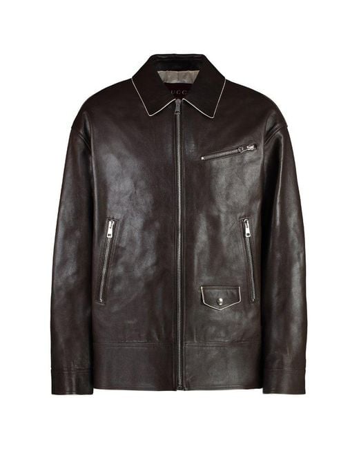 Gucci Black 100% Leather Jacket With Contrasting Details for men