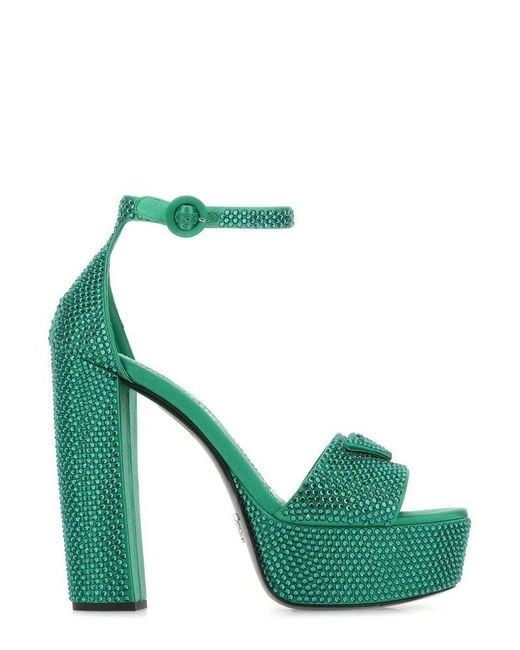 Prada Green Crystal Studded Platform Heeled Sandals