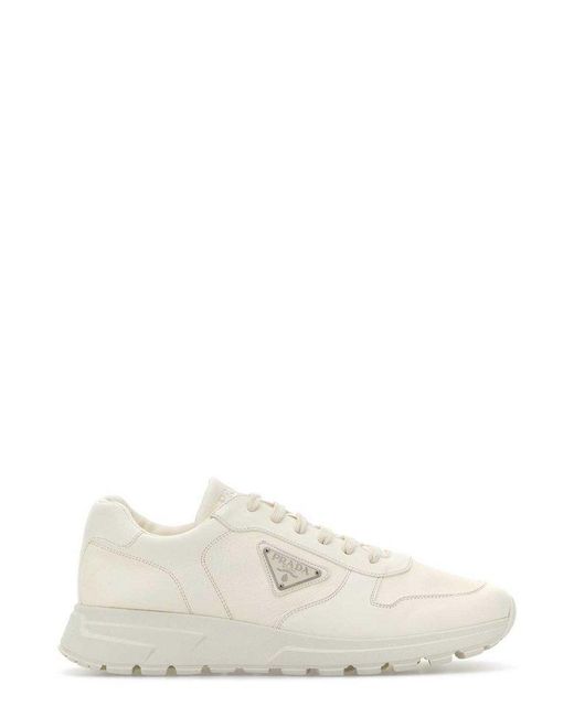 Prada White Triangle-Logo Lace-Up Sneakers for men