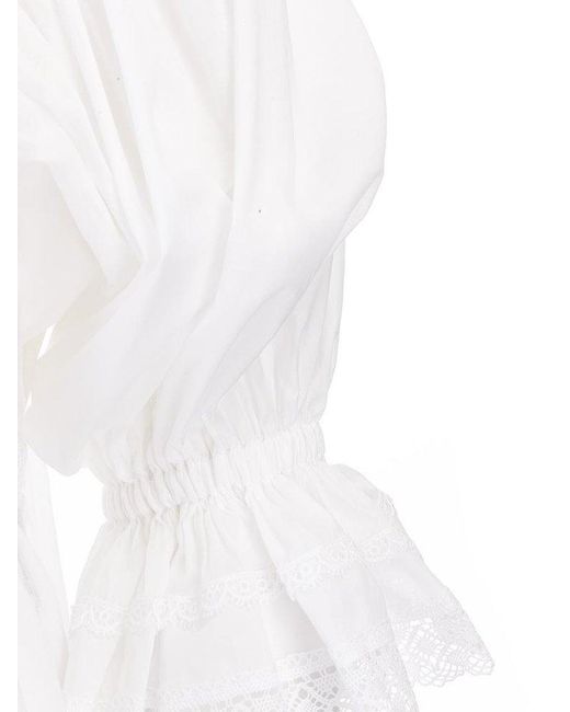Dolce & Gabbana White Lace Trim Short-Sleeved Blouse
