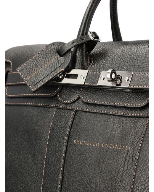 Brunello Cucinelli Black Logo Printed Country Weekender Duffle Bag for men