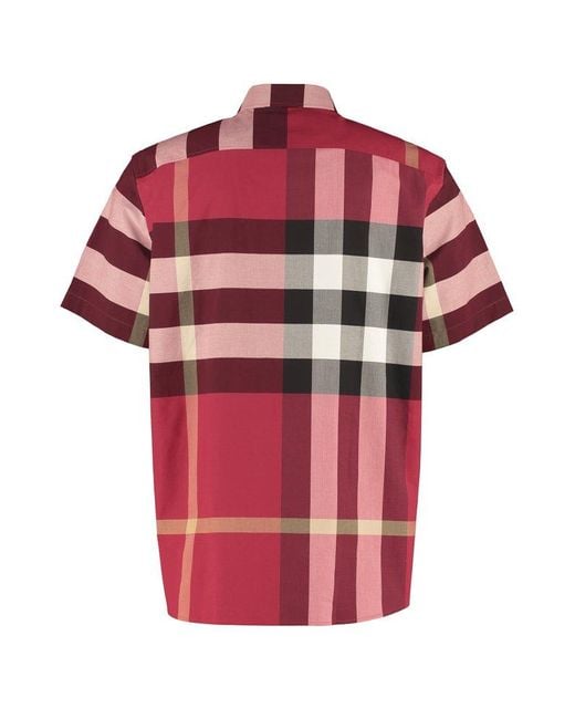 Burberry Check Short-sleeved Shirt in Red for Men | Lyst