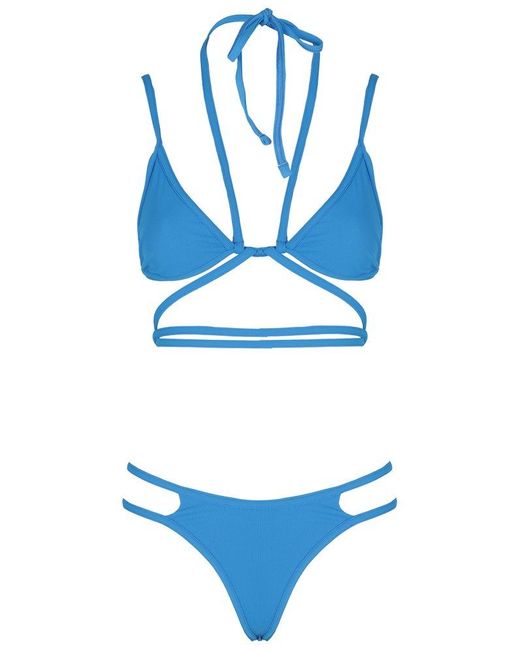 ANDREA ADAMO Blue Ribbed Wraparound Halterneck Two-piece Bikini