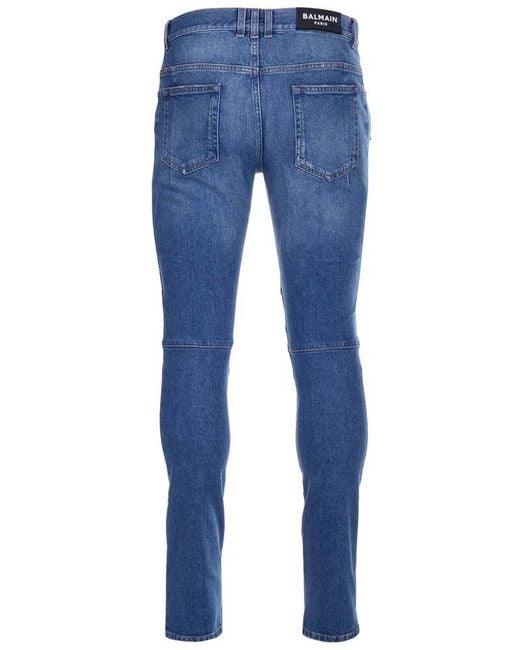 Balmain Blue Biker Distressed Skinny Jeans for men