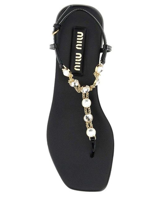 Miu Miu Black Square-toe Embellished Thong Sandals