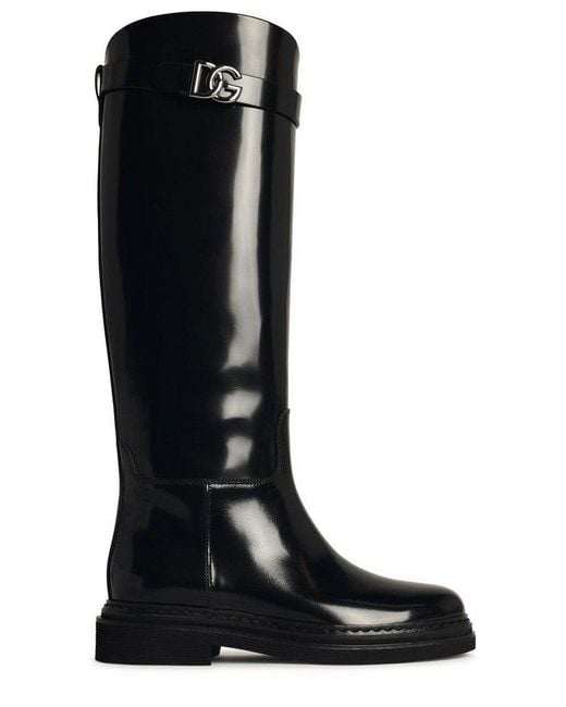 Dolce & Gabbana Black Logo Plaque Round Toe Boots