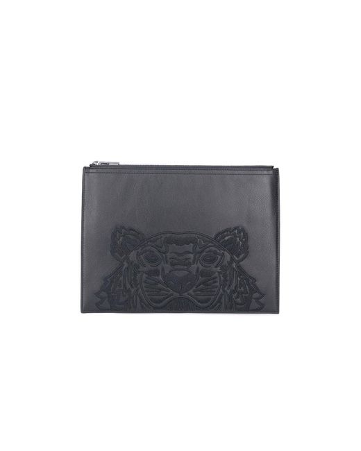 KENZO Black Kampus Tiger Motif Embroidered Large Clutch Bag for men