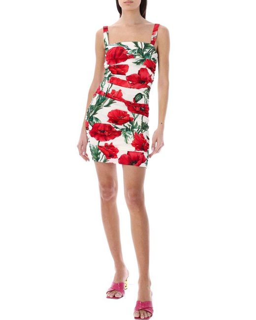 Dolce & Gabbana Red Charmeuse Mini Dress With Poppy Print