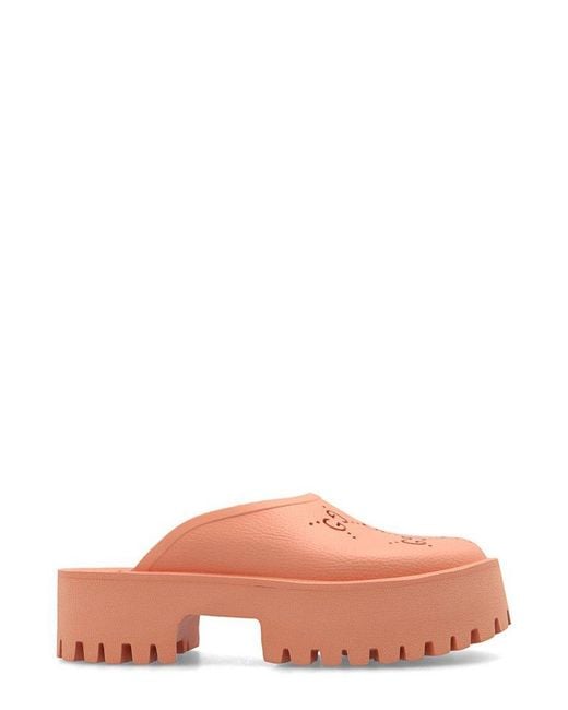 Gucci Pink Perforated GG Round Toe Platform Mules