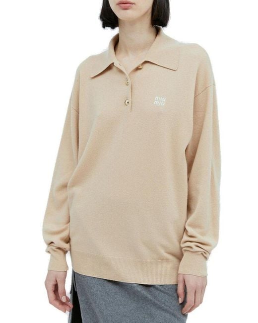 Miu Miu Natural Long-sleeved Knitted Polo Shirt