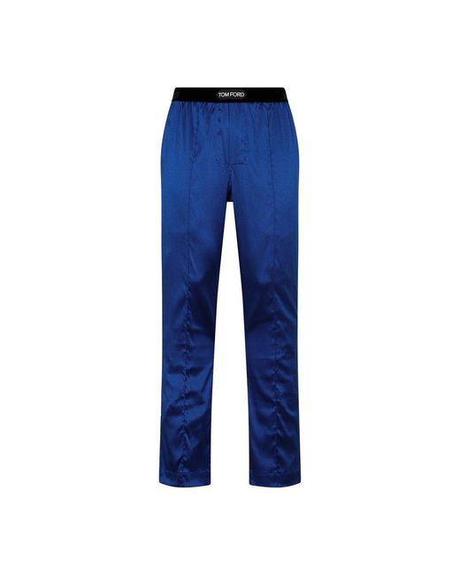 Tom Ford Blue Logo Waistband Satin Pajama Trousers for men